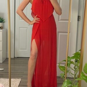 NWT BCBGeneration Chiffon Lace Double Slit Cutout Gown Size XS red